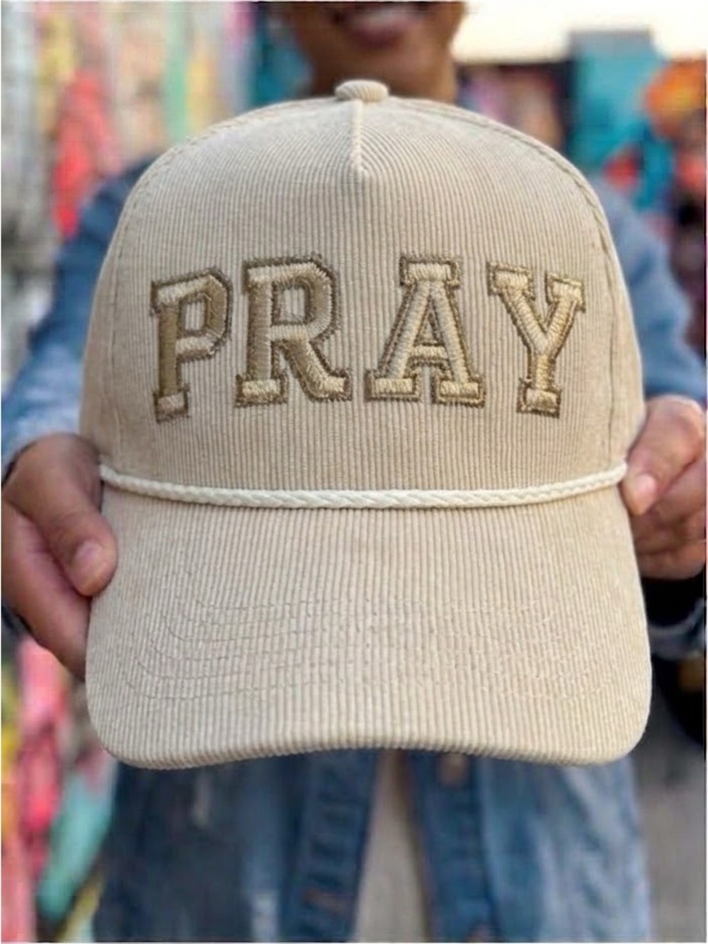 Embroidered Corduroy Baseball Cap - Beige- PRAY